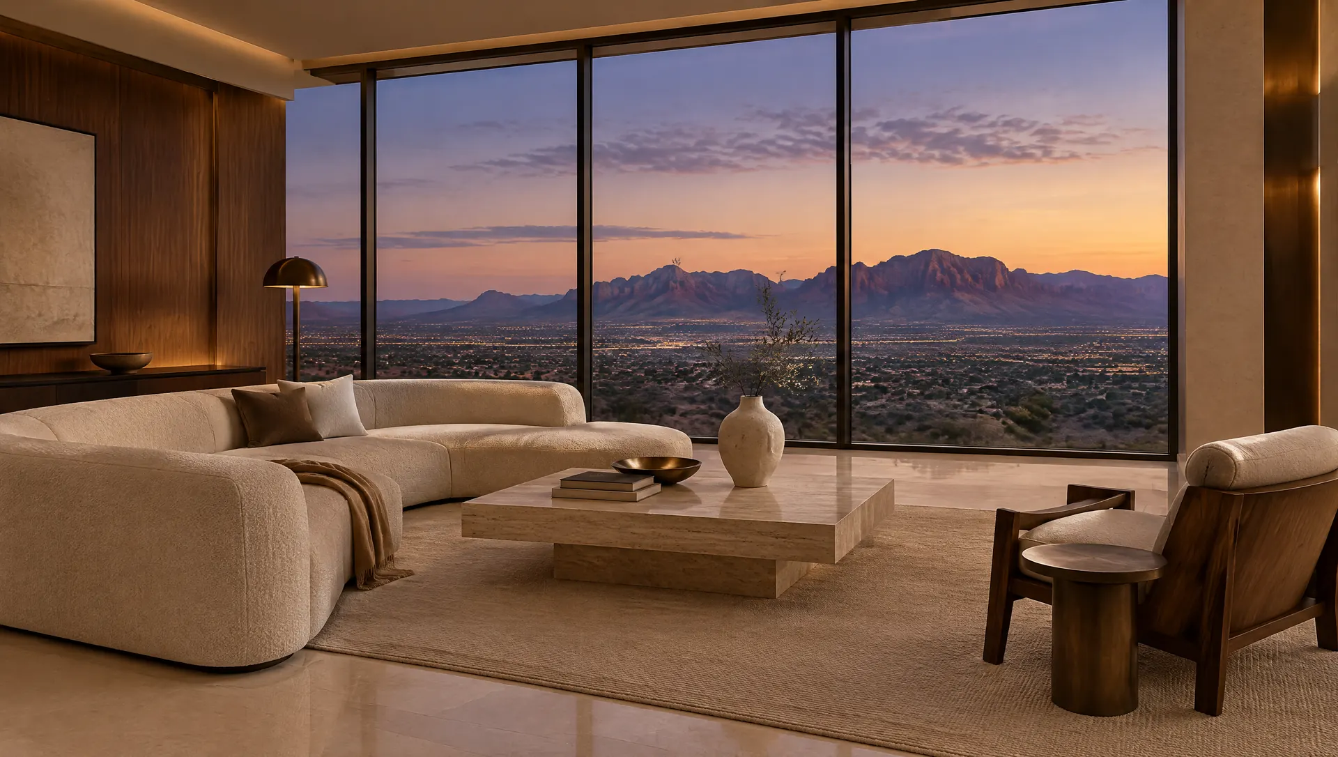 Illustrative image: a living room at dusk with a curved sofa, a stone table, and mountains beyond the glass. Not a Summit House residence.